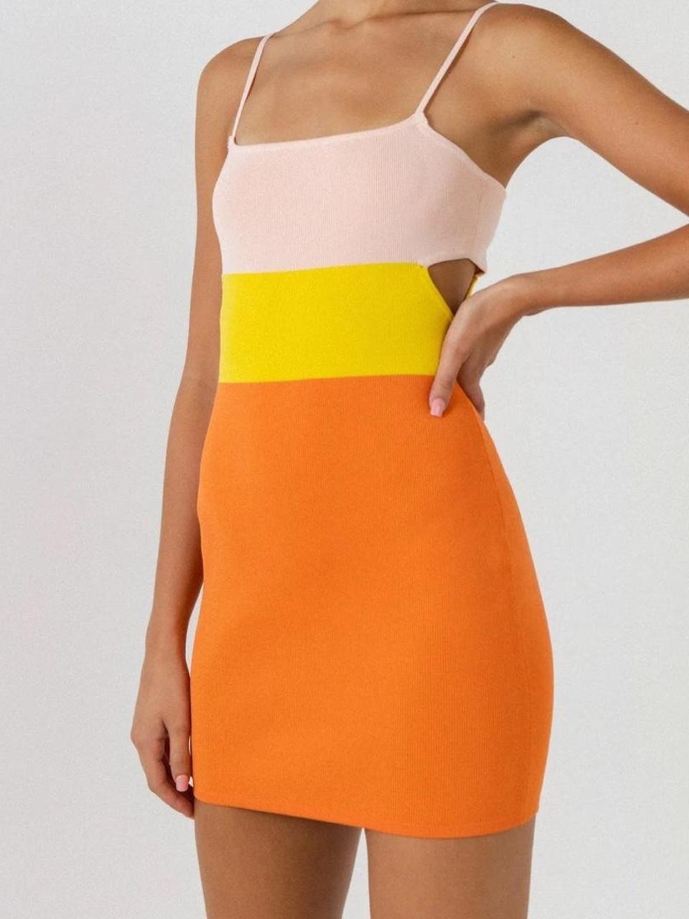 Endless Rose Colorblock Sweater Mini Dress Cutout Orange Yellow Peach Small